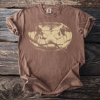 Brown t-shirt with a sepia-tone close-up graphic of a snake's head.