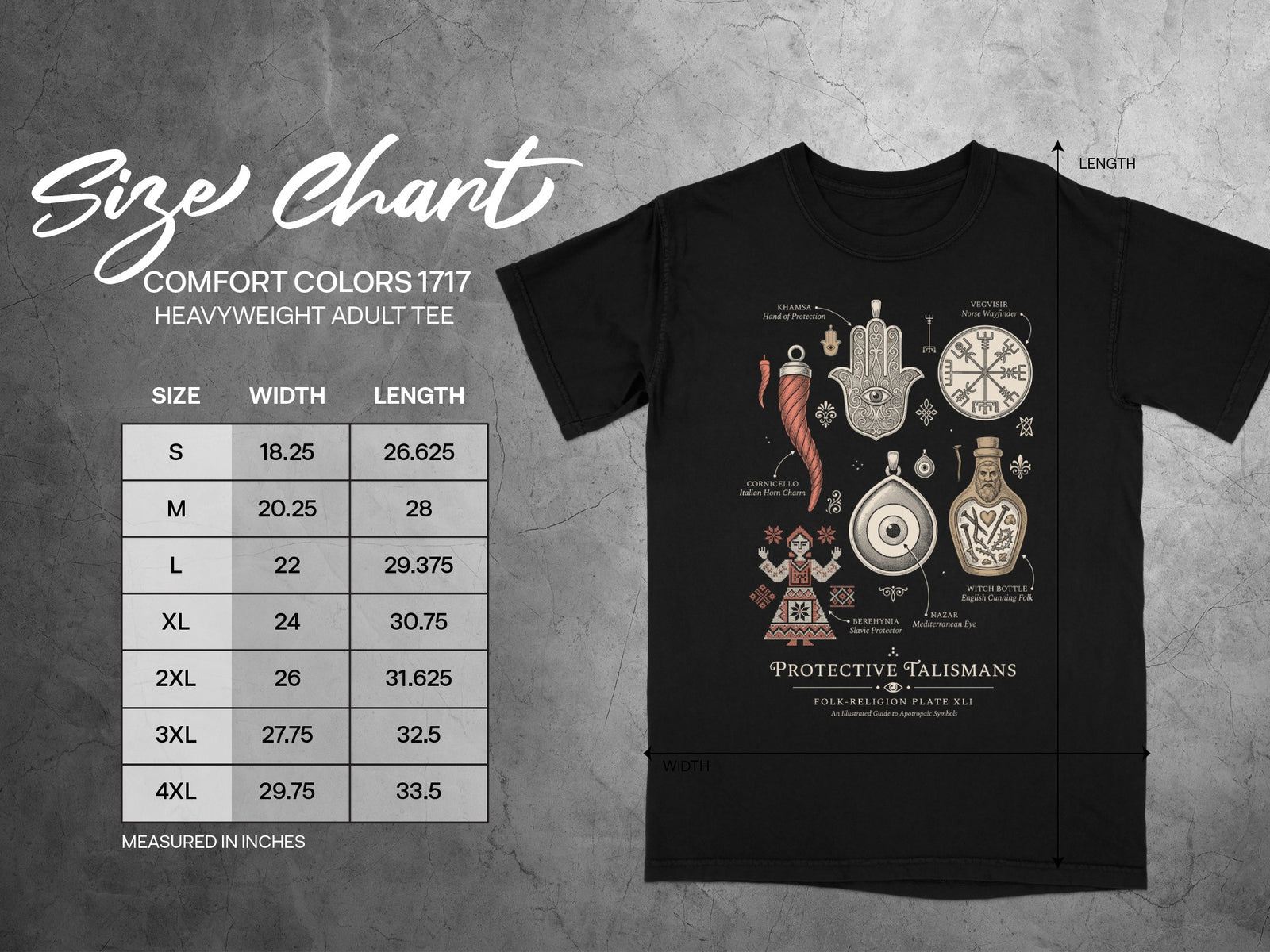 Size chart for a black Comfort Colors heavyweight adult tee with folk talismans print.