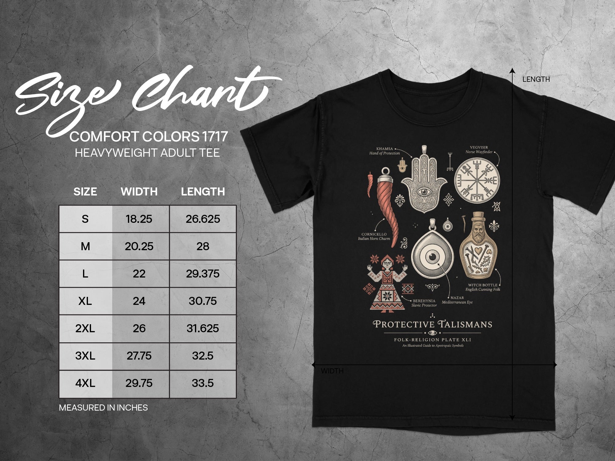Size chart for a black Comfort Colors heavyweight adult tee with folk talismans print.