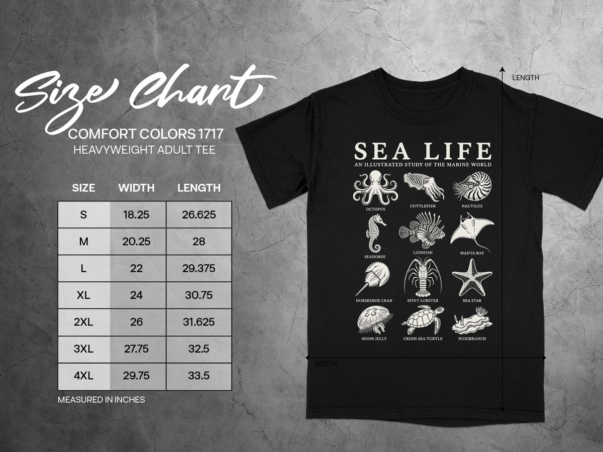 Comfort Colors 1717 adult tee size chart with marine life illustration.
