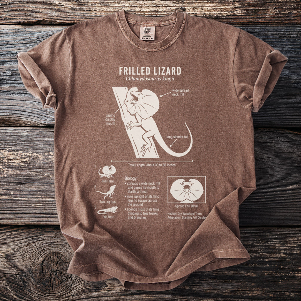 Brown t-shirt with white graphic of a frilled lizard and its biology.
