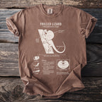 Brown t-shirt with white graphic of a frilled lizard and its biology.