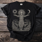 Black t-shirt with a wicker man figure, moon, sun, and figures holding candles.