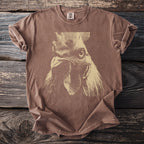 Brown t-shirt with a cream-colored graphic of a rooster's head.