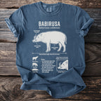 Blue t-shirt with diagram and facts about the Babirusa animal.