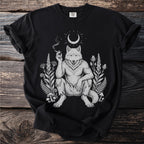 Werewolf sitting among plants and mushrooms, smoking under a crescent moon.