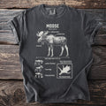 Dark gray t-shirt features a detailed anatomical diagram of a moose.