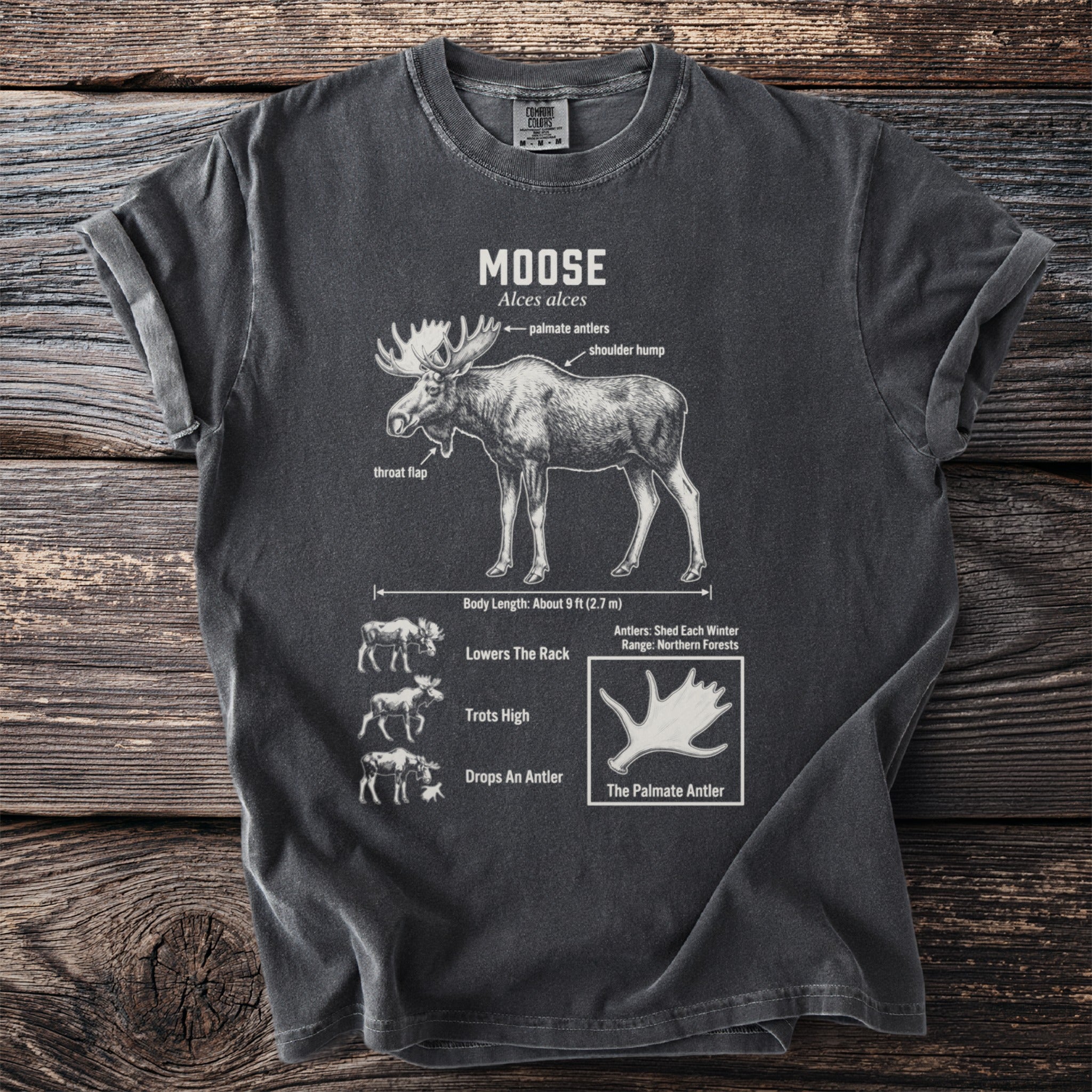 Dark gray t-shirt features a detailed anatomical diagram of a moose.