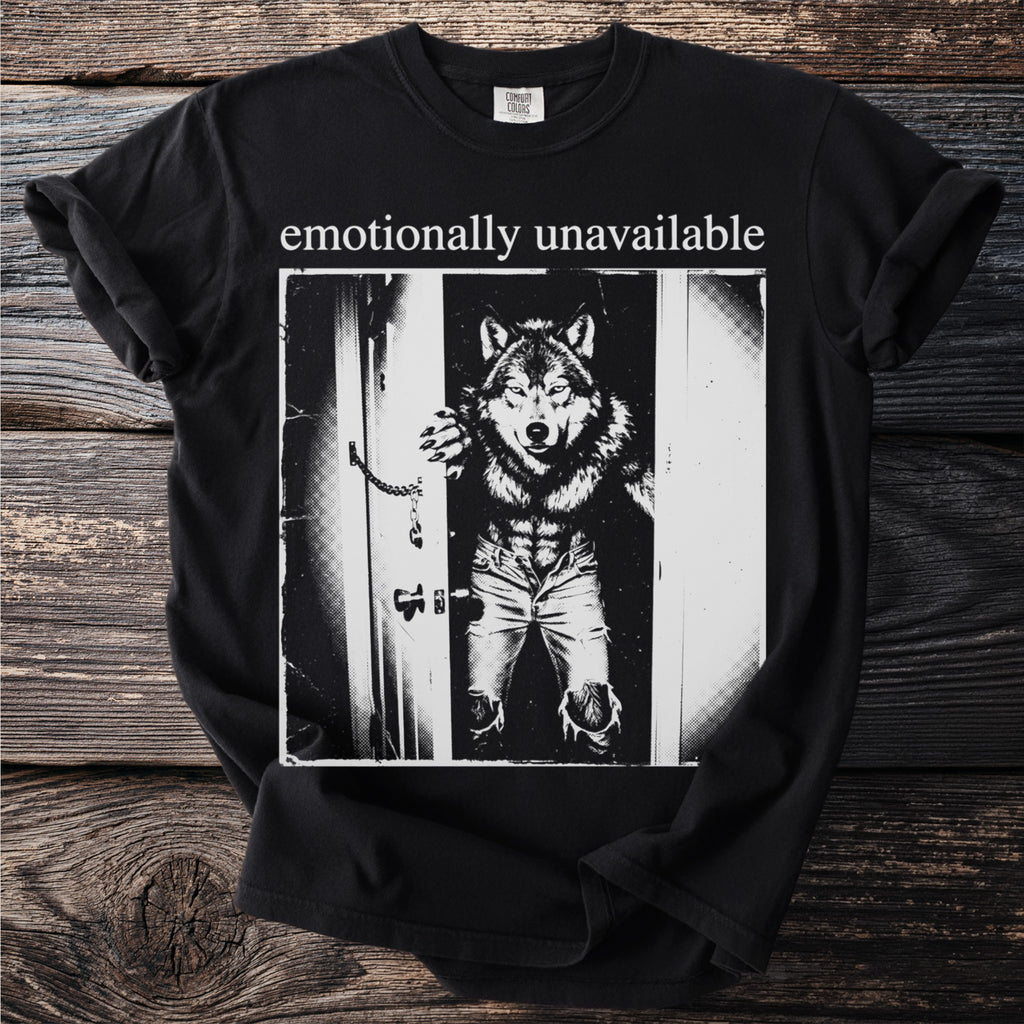 Black t-shirt with "emotionally unavailable" text and wolf-man graphic.