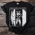 Black t-shirt with "emotionally unavailable" text and wolf-man graphic.