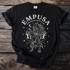 Black t-shirt with "Empusa greek demoness hekate servant" and a line drawing of a mythical creature.