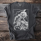Werewolf illustration on dark gray t-shirt with tattered cloth and wooden debris.
