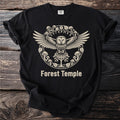 Black t-shirt with an owl, tree, mushrooms, and runes design reading "Forest Temple".