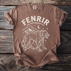 Fenrir, a giant wolf from Norse mythology, chained with mountains and moon.