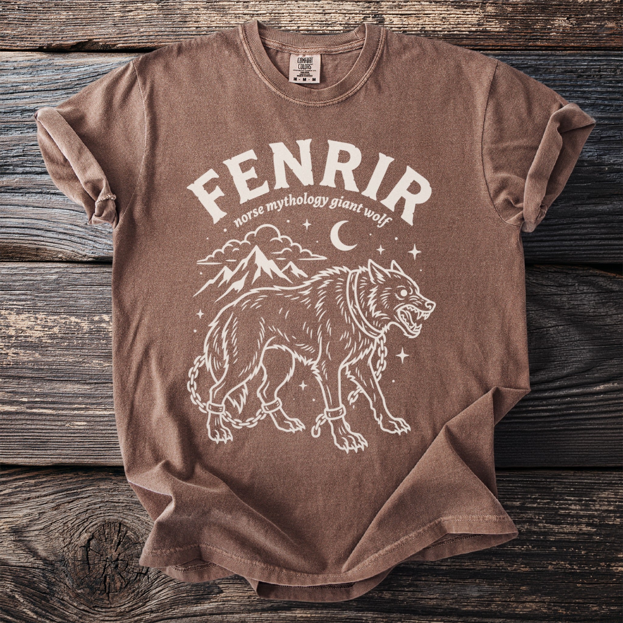 Fenrir, a giant wolf from Norse mythology, chained with mountains and moon.