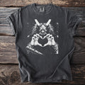 Dark gray t-shirt with a white graphic of a demon making a heart shape with its hands.