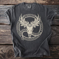 Dark grey t-shirt with a deer skull, antlers, pine cones, and runes.