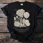 T-shirt with illustration of various mushrooms labeled "The Forager's Fungi".
