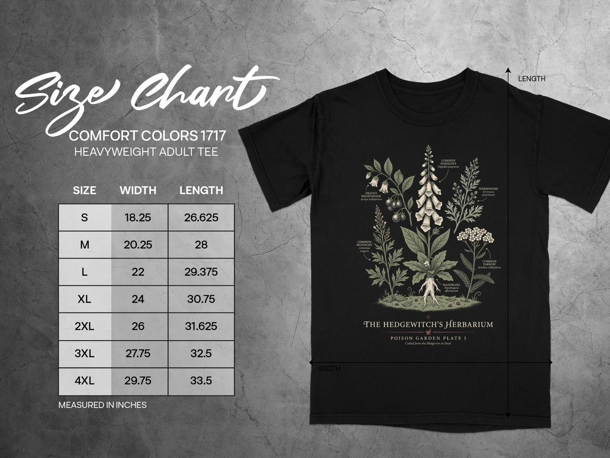Comfort Colors 1717 size chart with poison garden illustration on a black t-shirt.
