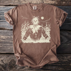 Brown t-shirt with a cream-colored scarecrow and cornfield graphic.