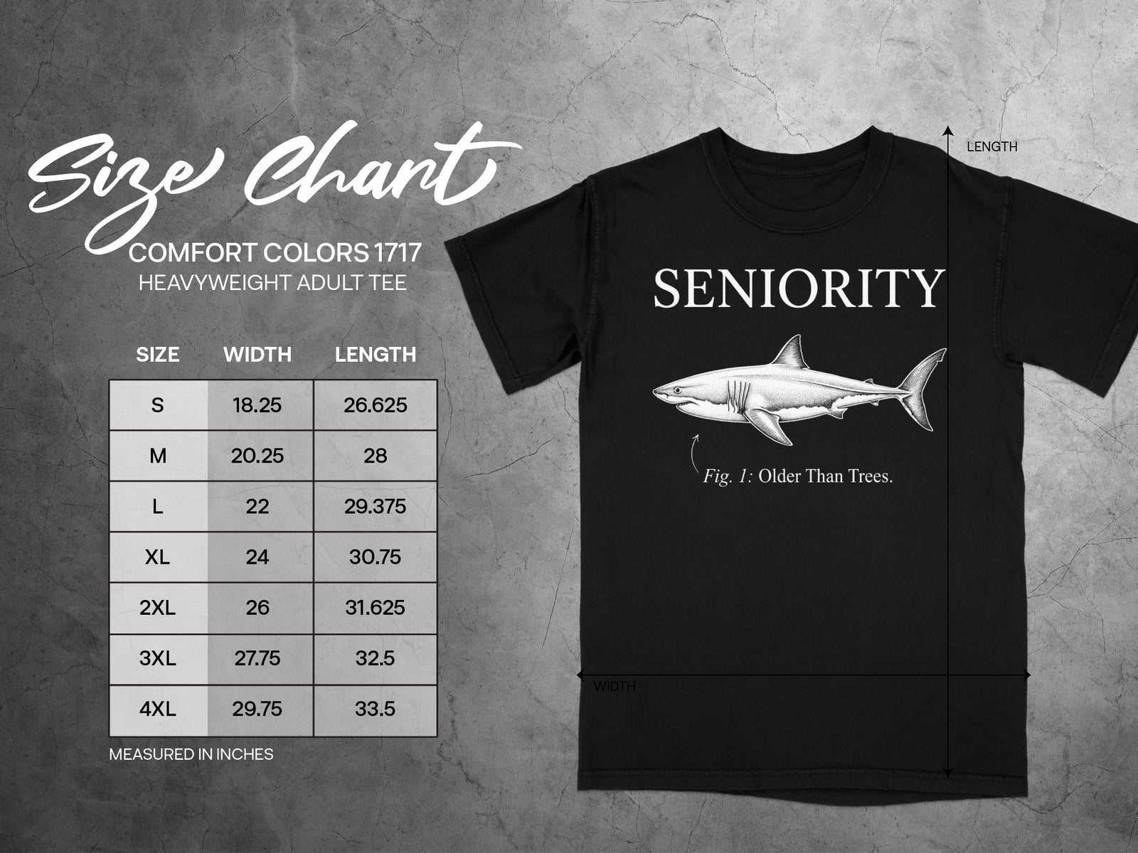 Comfort Colors 1717 heavyweight t-shirt size chart with shark graphic and text.