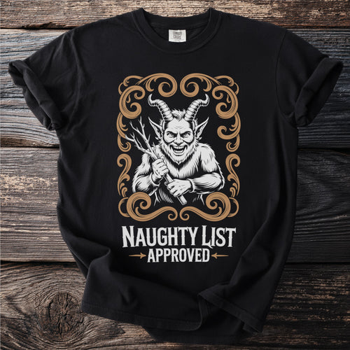 Black t-shirt with a horned devil illustration and "NAUGHTY LIST APPROVED" text.