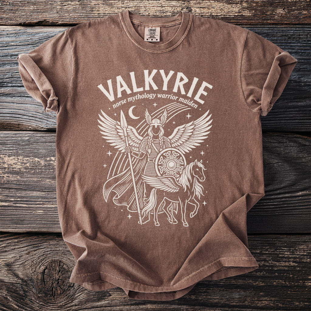 Brown t-shirt with Valkyrie, horse, and shield graphic, and "Norse mythology warrior maiden" text.