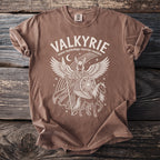 Brown t-shirt with Valkyrie, horse, and shield graphic, and "Norse mythology warrior maiden" text.