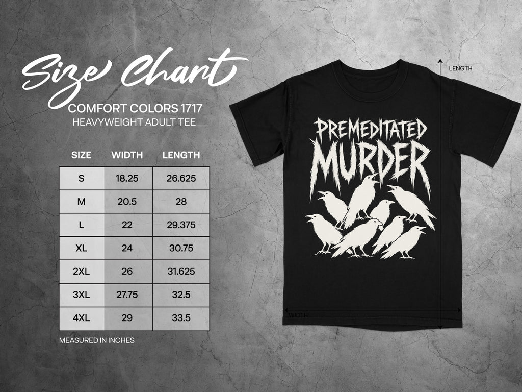 Comfort Colors 1717 heavyweight adult tee size chart including width and length in inches.