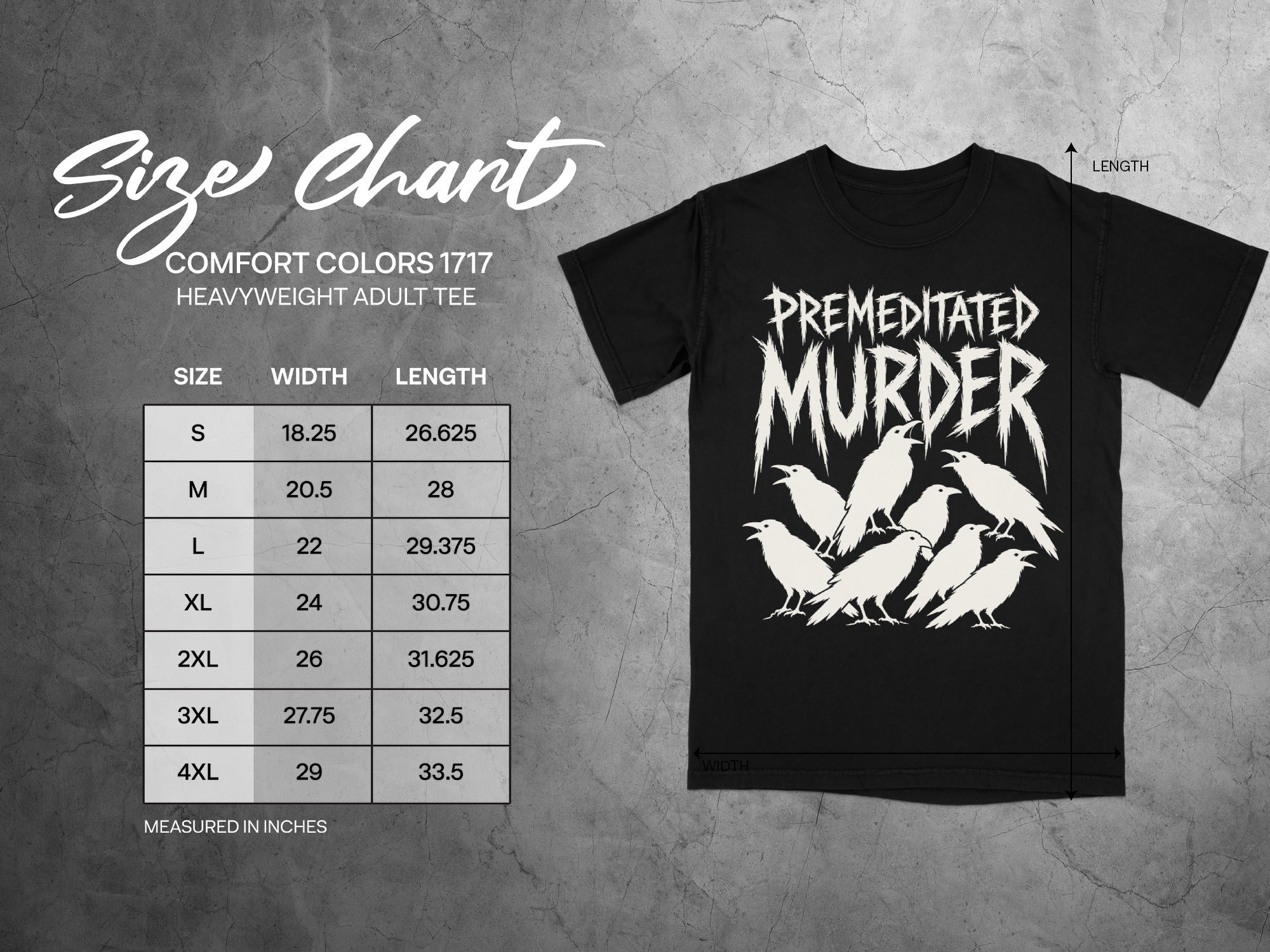 Comfort Colors 1717 heavyweight adult tee size chart including width and length in inches.