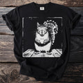 Black t-shirt with a black and white graphic of a squirrel holding a cup.