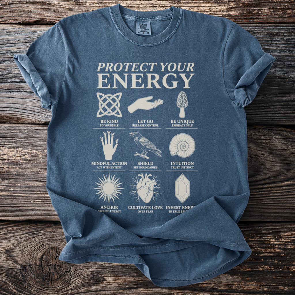 Blue t-shirt with "Protect Your Energy" and nine illustrated spiritual concepts.