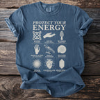 Blue t-shirt with "Protect Your Energy" and nine illustrated spiritual concepts.