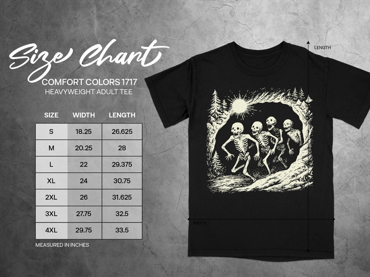 Comfort Colors 1717 heavyweight adult tee size chart with width and length measurements in inches.