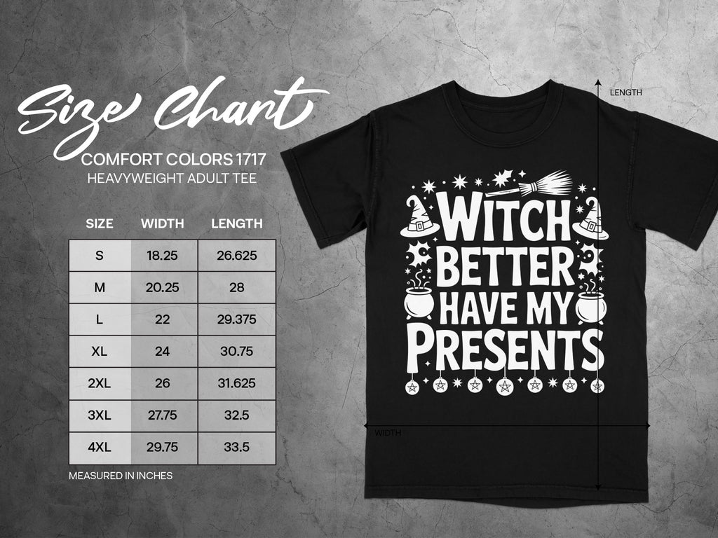 Size chart for Comfort Colors 1717 heavyweight adult tee with Halloween graphic.