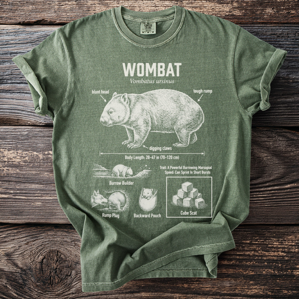 Green t-shirt with "WOMBAT" and scientific facts, featuring a diagram.