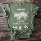 Green t-shirt with "WOMBAT" and scientific facts, featuring a diagram.
