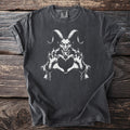 Dark t-shirt with a white graphic of a horned demon making a heart shape with its hands.