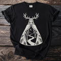 Black t-shirt with a stylized woman with antlers and a forest scene design.