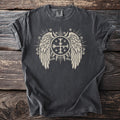 Dark grey t-shirt with a light beige graphic of wings and a circular symbol.