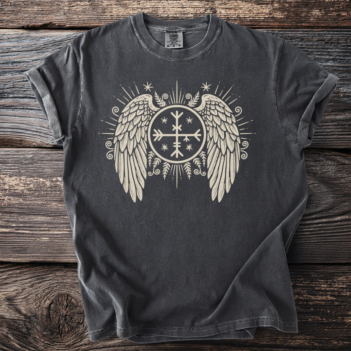 Dark grey t-shirt with a light beige graphic of wings and a circular symbol.