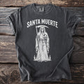 Dark grey t-shirt with white Santa Muerte Grim Reaper design and text.
