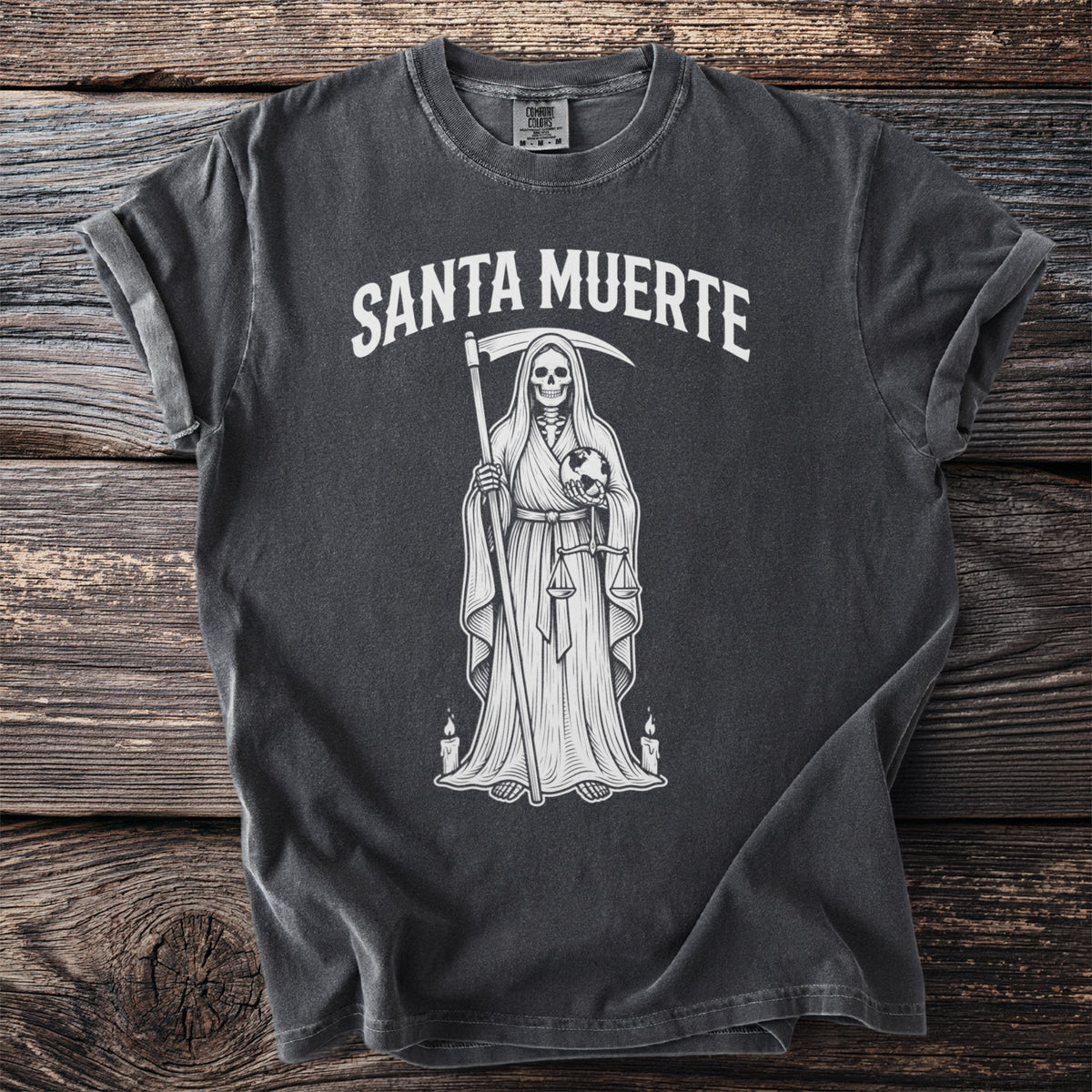 Dark grey t-shirt with white Santa Muerte Grim Reaper design and text.