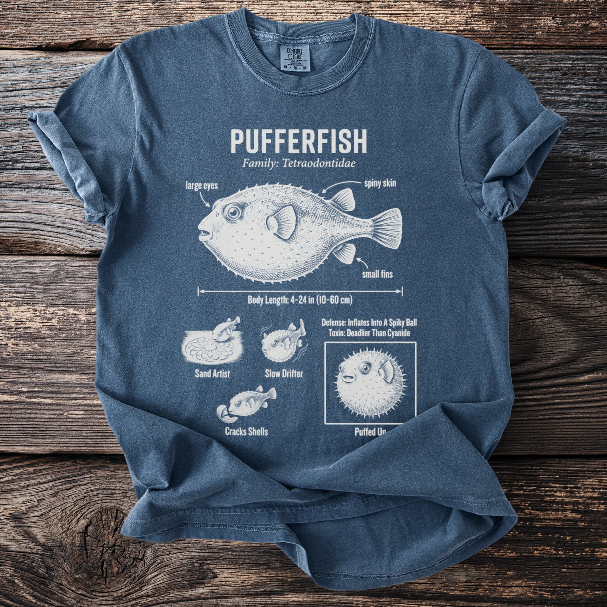 T-shirt with pufferfish diagram, detailing body, fins, defense, and behaviors.