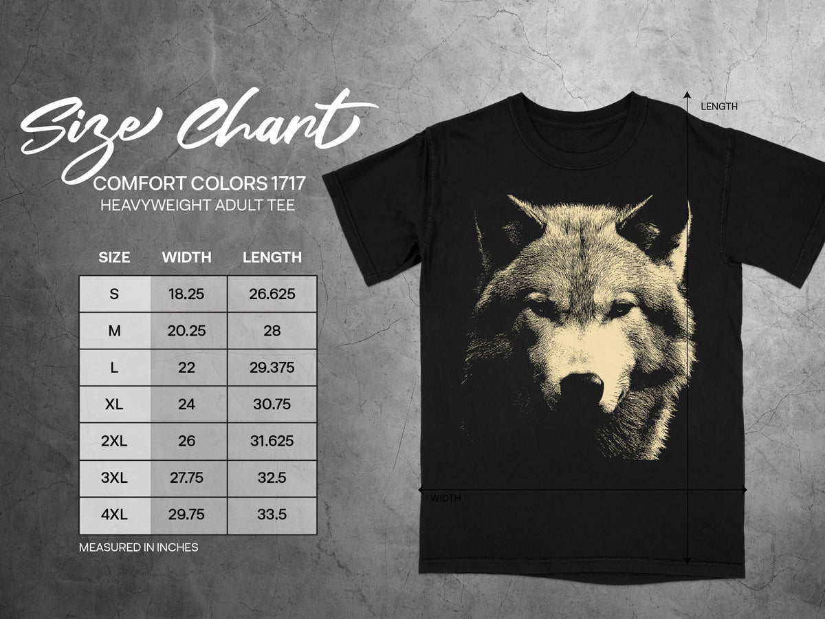 Comfort Colors 1717 heavyweight adult tee size chart with wolf graphic.