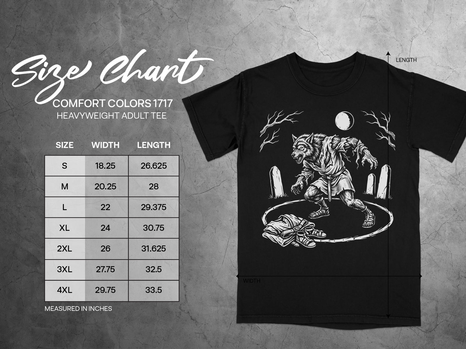 Size chart for Comfort Colors 1717 heavyweight adult tee with werewolf graphic.