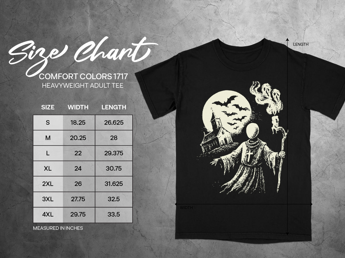 Comfort Colors 1717 heavyweight adult tee size chart with width and length measurements in inches.