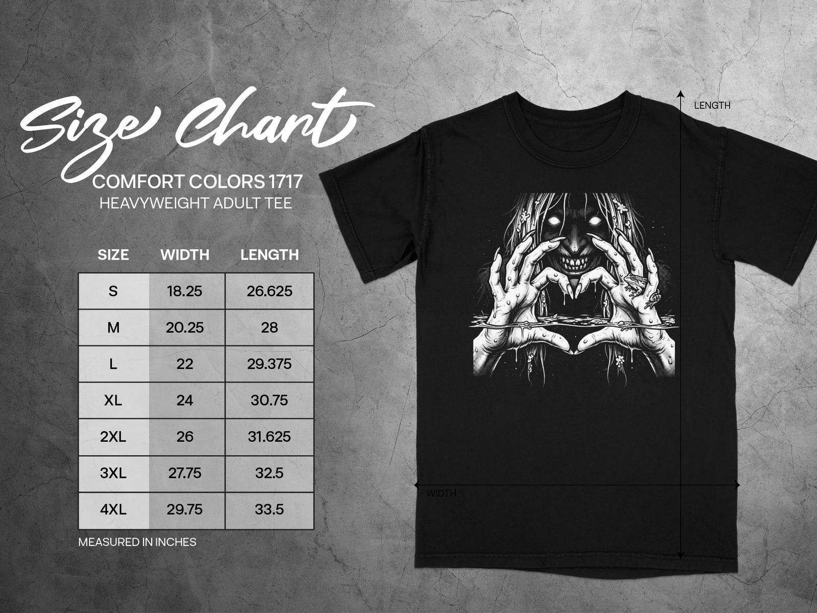 Size chart for Comfort Colors 1717 heavyweight adult tee with measurements.