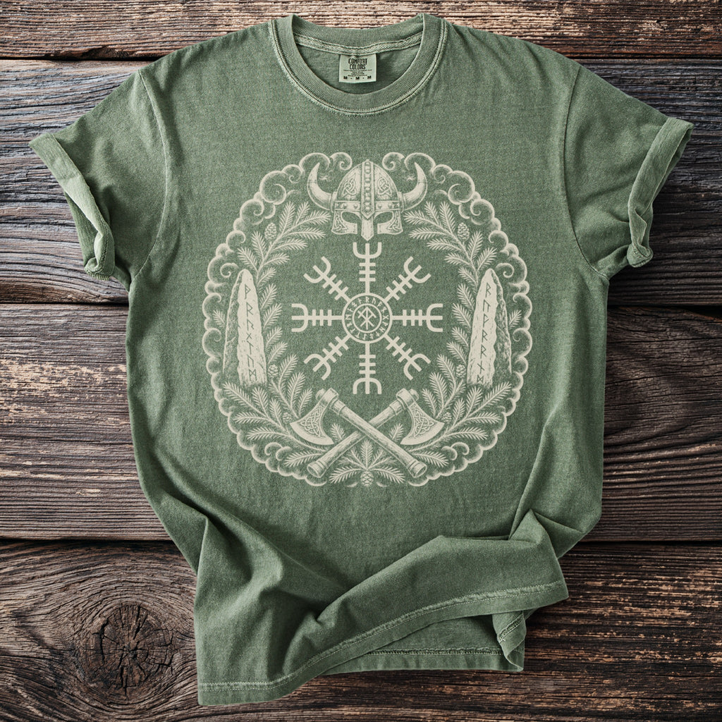 Green t-shirt with a circular Viking design featuring a helmet, runes, and axes.