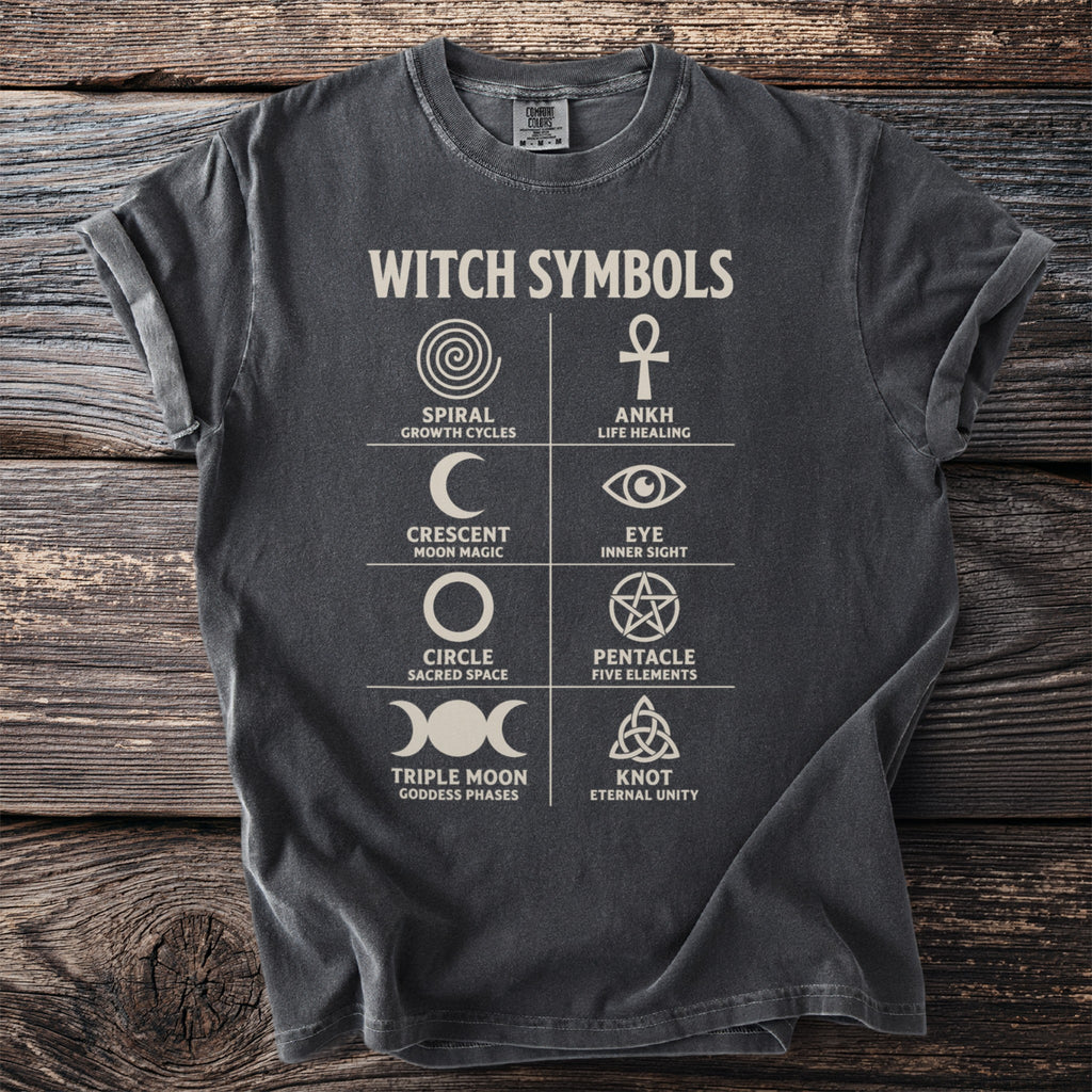 Dark gray t-shirt with "Witch Symbols" and 8 symbols with descriptions.
